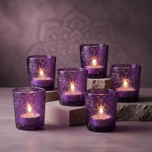 Purple Mandala Glass Tealight Holders, 6 Pack by ArtSecret