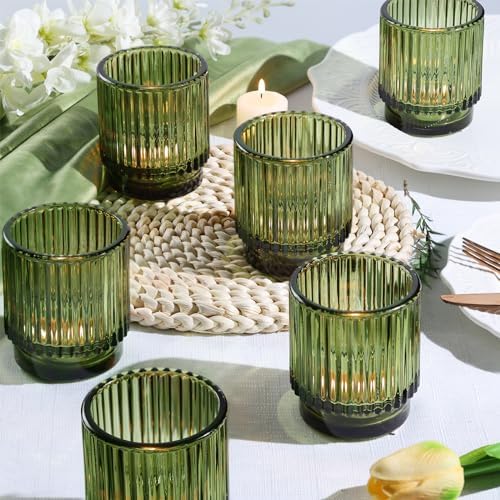 DEVI 8pcs Large Green Votive Candle Holders for Wedding Centerpieces, Glass Tea Lights Candle Holder Decor, Wedding Bridal Shower Party Table Decor, Vintage Boho Easter Decor for Table Centerpiece by DEVI