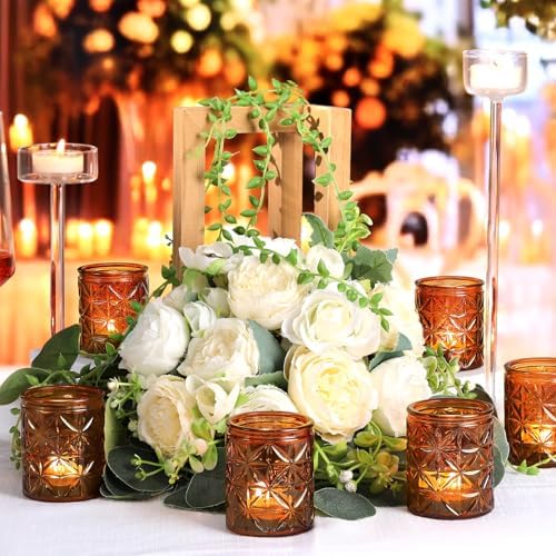 12 Pack Vintage Amber Votive Candle Holders, Glass Candle Holders for Wedding Table Centerpiece, Small Tealight Candle Holder for Home Decor, Tea Lights Candle Holder for Party, Boho Fall Decor - Image 3