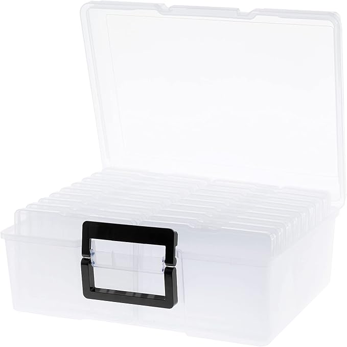 Photo Storage Box 5" x 7", 18 Inner Extra Large Photo Organizer Container, Plastic Craft Storage Box with Handle for Pictures Stickers Stamps Seeds
