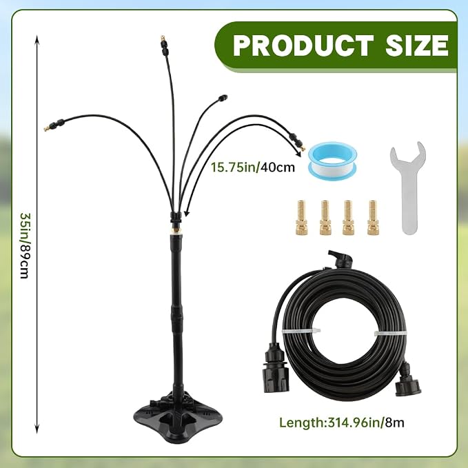 Standing Misters for Outside Patio, 35Inch Adjustable Height Misting Sprinkler with 4 Nozzles, Cooling Misting System Line 26.25FT, Anti-Leak Design, Outdoor Mister for Garden, Backyard, BBQ