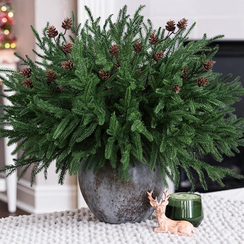 14 PCS Christmas Norfolk Pine Stems with Small Pine Cones Branches, 19 In Real Touch Artificial DIY Greenery Pine Needles Picks,Xmas Faux Cedar Pine Branche for Vase Indoor Outdoor Home Décor by HyeFloraartificialflowers