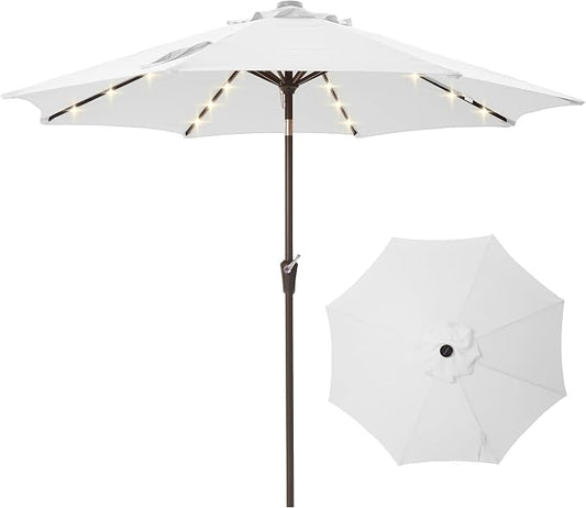 9FT Solar-Powered LED Patio Umbrella with Tilt Crank,Outdoor Market Umbrella with 32 Lights,Sunshade for Deck, Garden and Pool