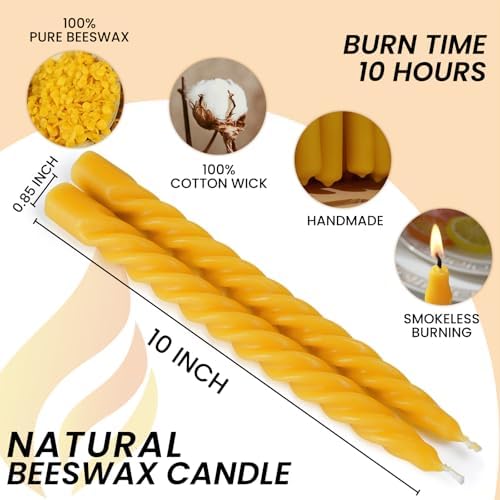 16PCS 10-Inch Pure Beeswax Spiral Taper Candles, Natural Raw, Dripless - Image 3