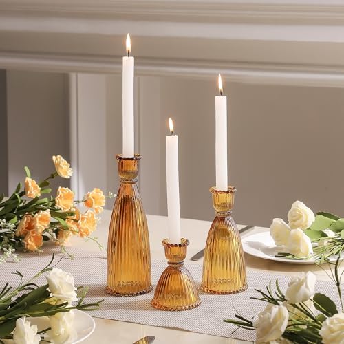 Vertical Stripe Candlestick Holders Set of 3, Premium Glass Candle Holders for Candlesticks and Taper Candles, Vintage Candle Holder Decor for Table Centerpiece, Amber by Joyfice