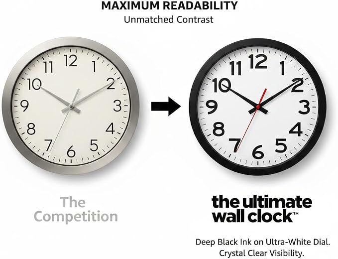 Ultimate Wall Clock | 10 Inch | Silent | Round | Quartz | Black | Kitchen | Office | Bedroom | Classic | Indoor | Outdoor | Unbranded | Battery Operated | Modern Décor | Sweeping | Worldwide Edition