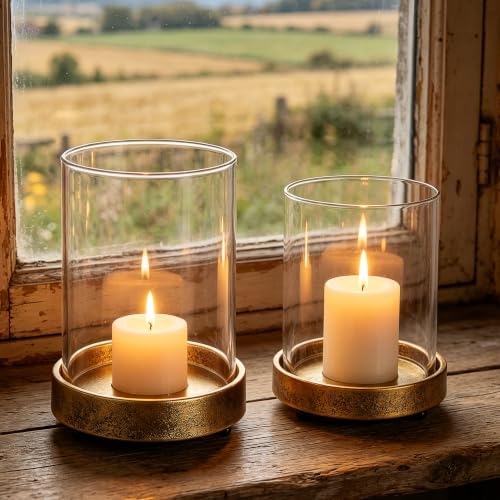 Set of 2 Glass Hurricane Candle Holders for Pillars with Minimalism Metal Base in Antique Gold, Glass Candle Holder, Centerpiece, for Weddings, Dinner Parties, Dining Tables, Console Tables, Mantels - Image 3