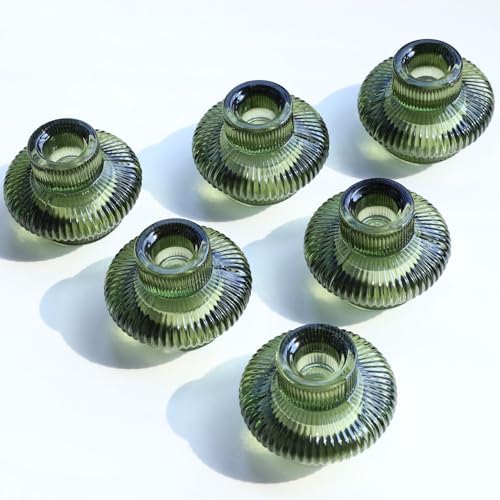 VOHO Green Taper Candle Holders Set of 6, Ribbed Glass Candlestick Holders by VOHO