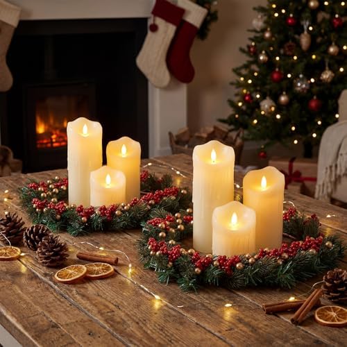 Daifunli 2 Pcs Christmas Gold Ball Red Berry Pine Needle Candle Ring Artificial Berry Bell Wreaths for Pillar 12 Inch Candle Holder for Winter Christmas Country Wedding Kitchen Table Centerpiece Decor - Image 5