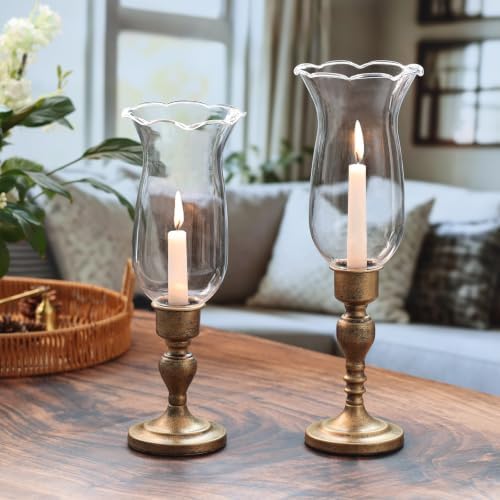 Volens Set of 2 Hurricane Glass Candle Holders with Iron Base & Glass Dome - Image 3