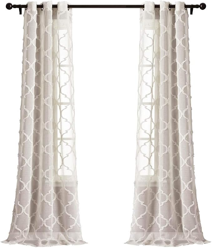 Lush Decor Avon Trellis Grommet Sheer Window Curtain Panels Pair 38" W x 84" L Beige - Sheer Curtains for Living Room - Modern Farmhouse Bedroom Curtains