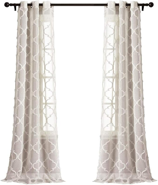 Lush Decor Avon Trellis Grommet Sheer Window Curtain Panels Pair 38" W x 84" L Beige - Sheer Curtains for Living Room - Modern Farmhouse Bedroom Curtains