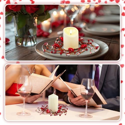 Daifunli 2 Pcs Valentine Day Candle Rings Heart and Red Berry Vintage Wood Wreath for Pillar 3.9 Inch Candles Holder for Valentines Day Table Centerpiece Wedding Kitchen Cabinets Rustic Table Decor - Image 5