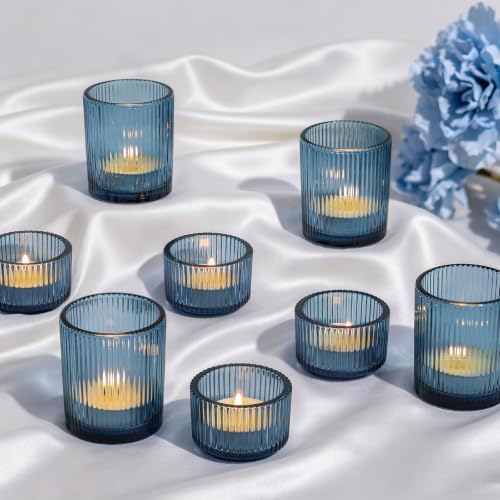 Glasseam Glass Votive Candle Holders, 8Pcs Ribbed Blue Tealight for Wedding by Glasseam