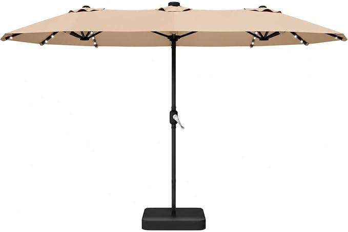 DomeShade 15ft Patio Umbrella with Base Included Solar Lights,Double Umbrella Outdoor Patio Table Umbrella Market Rectangle Umbrellas with 36 LED Lights for Outside Poolside Lawn Backyard,Beige