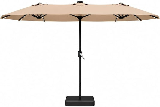 DomeShade 15ft Patio Umbrella with Base Included Solar Lights,Double Umbrella Outdoor Patio Table Umbrella Market Rectangle Umbrellas with 36 LED Lights for Outside Poolside Lawn Backyard,Beige