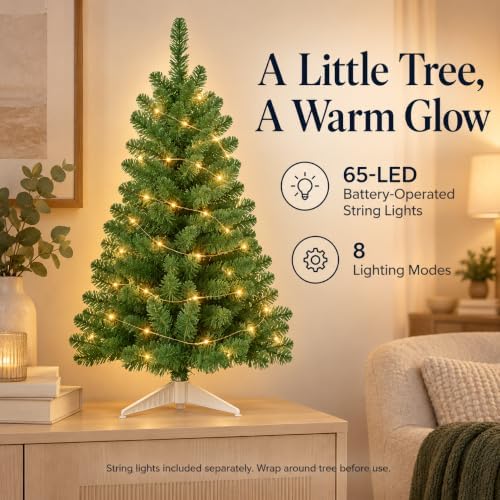3FT Artificial Christmas Tree with String Lights – Tabletop Small Xmas Tree for Desk, Office, or Small Spaces – Full Branches, Easy Assembly, Holiday Decoration (Sage Green) - Image 4