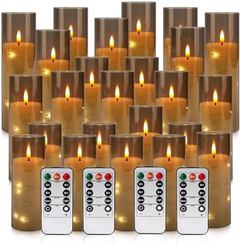 24 Pack Flameless LED Pillar Candles with Remote & Timer, Flickering Battery Operated Candles with Embedded Starry Lights, 3-Sizes Gray Acrylic Decorative Candles for Wedding, Home, Party Decor - Image 2