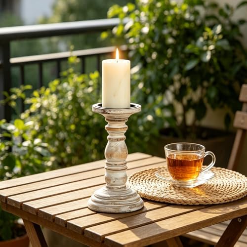 Hosley 8 Inch Distressed White Wooden Pillar Candle Holder - Rustic Farmhouse Pedestal Candlestick Stand for Real & Flameless LED Candles, Vintage Shabby Chic Table Mantel Centerpiece Decor - Image 7