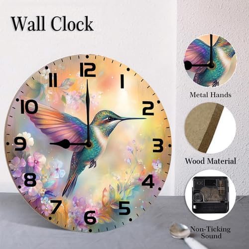 Birds Hummingbird Flower Wooden Silent Non-Ticking 10 Inch Round Clocks Battery Operated Analog for Living Room Kitchen Bedroom Bathroom Office Home School Decor