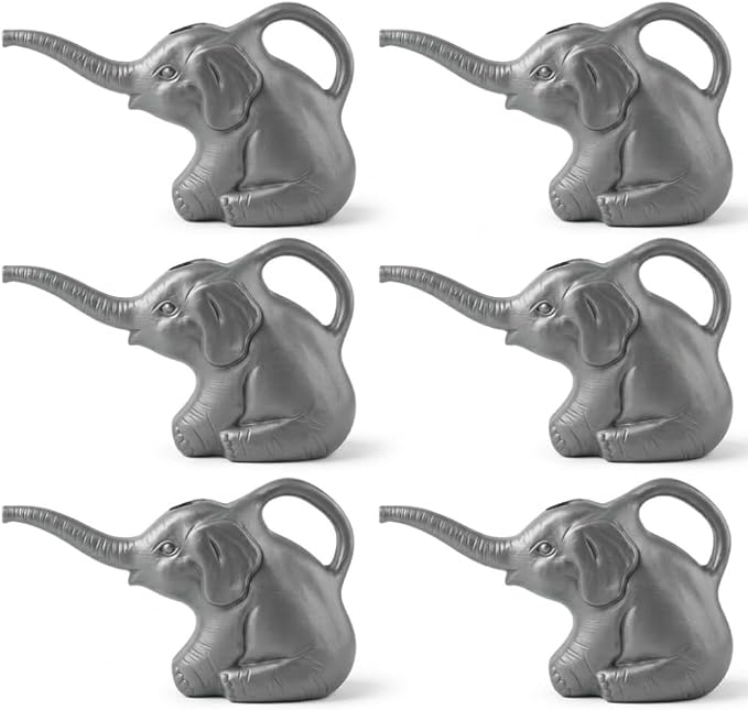 PMU 6 Pcs 2-Quart Elephant Watering Can – Durable Plastic Garden Watering Can for Indoor & Outdoor Plants, Easy-Pour Spout, Large Water Pot, Gray