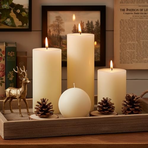 Rustic Ivory Pillar Candles Set - 4 Pcs Assorted Sizes Unscented Pillar Candle, Decorative Pillar Candles for Home Centerpiece Decor, Holiday Dinner Table, Dripless & Smokeless - Image 4