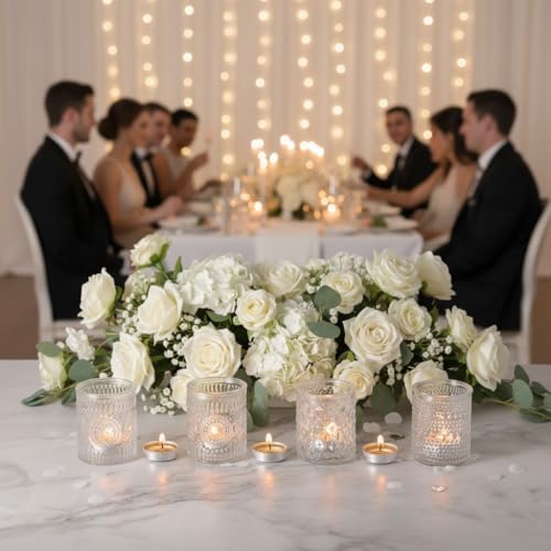 LETINE 16 Pcs Clear Glass Votive Candle Holders, Set of 4 Assorted Embossed Patterns, Tealight Candle Holders Bulk for Wedding Table Centerpieces, Thanksgiving & Party Decorations (2.1” D x 2.56” H) - Image 6