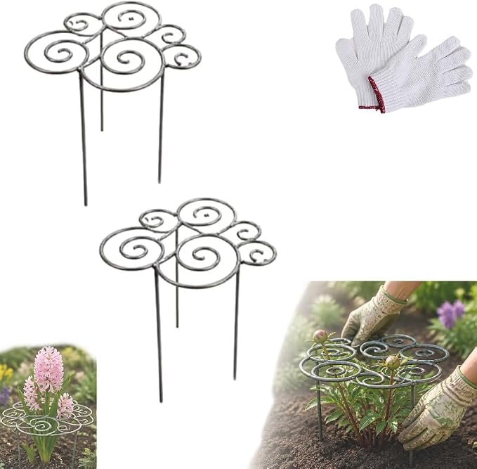 Metal Plant Support Ring for Garden, Heavy Duty Green Flower Hoop with Gardening Gloves, Peony Cage Stand for Outdoor Beds Indoor Pots, Grow Through Trellis 3 Sizes (2PCS, Medium (16in Diameter))