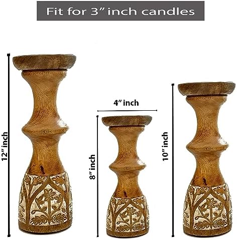 Perilla Home Wood Texture Candlestick Holders Set of 3 - Premium Candle Holders for Candlesticks, Taper Candles, Party, Anniversary, Dinning Table Vintage Candle Holder Centerpiece - (12"x10"x8") - Image 3