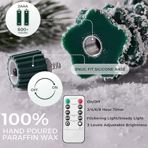 Stmarry 4 PCS Flameless Christmas Tree Candles with Remote, Snow Covered Real Wax Flameless Taper Candles 9.65 Inch, LED Candlesticks Battery Operated with 3D Flickering Flame, Christmas Candles Decor - Image 5