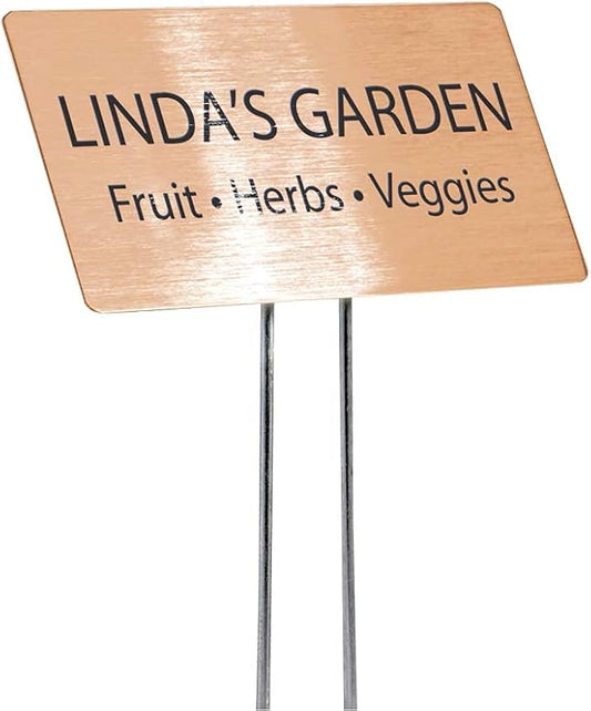 Outdoor Metal Garden Sign, Label, or Memorial. 4 x 2" or 6 x 4" sign with rounded corners and a 10" stake. Materials Include: Stainless Steel, Brass, Copper, Bronze and Titanium. (Bronze, 4 x 2")