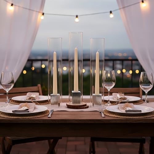 LETINE Hurricane Candle Holders with Silver Ribbed Taper Candle Holders Set of 3(14")– Bulk Windproof Taper Candle Hurricane Glass for Outdoor&Indoors Wedding Centerpiece, Event & Home Decor - Image 4