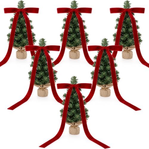 RattanView 6 Pcs 12 Inch Mini Christmas Tree with Burgundy Bows,Table Decor by RattanView