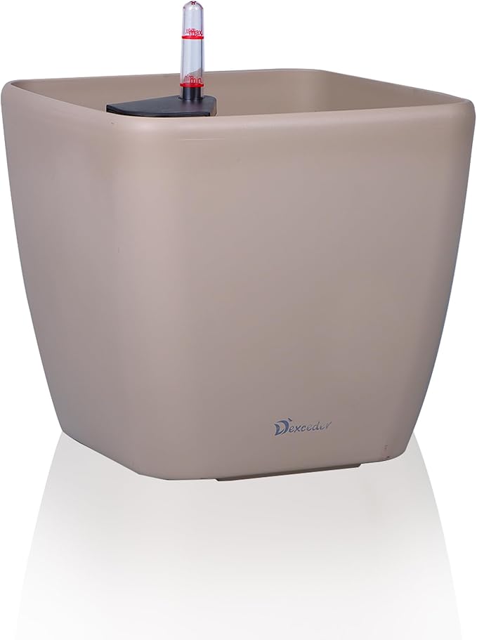 Dexceder 13x12 Self Watering Planter with Wheels (Taupe Matte) | Inner Mat Design, Thickened Large Floor Standing Flower Plant Pot with Water Level Indicator Indoor Outdoor