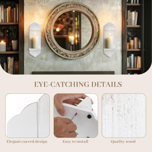 Wall Candle Sconces Set of Two, Rustic White Wood Wall Candle Holder Decor, Farmhouse Wooden Candle Holder Decorations for Fireplace, Hallway, Living Room, Bedroom - Image 3