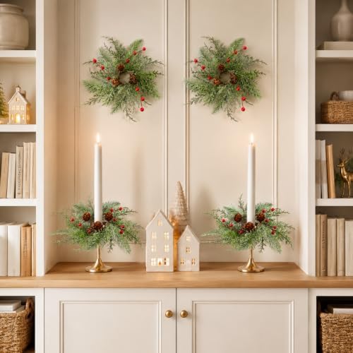 4 PCS 1.38" Mini Christmas Pine Taper Candle Rings Holder Wreaths - Image 6
