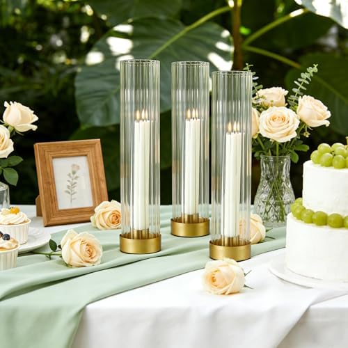 Hurricane Candle Holders Golden Taper Candle Sticks Holder, with 11" Thickened Glass Cylinder Covers Ribbed Candlesticks Holders Bulk Set of 4, Dining Table Centerpiece for Wedding - Image 4