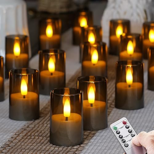 Flameless D: 1.7" H: 2.5" Small Tea Light LED Candles, Acrylic Battery Operated Votive with Remote Control and Timer, Tealight Grey Flickering Warm Light Pack of 15 Electric Long Lasting by Zevanor