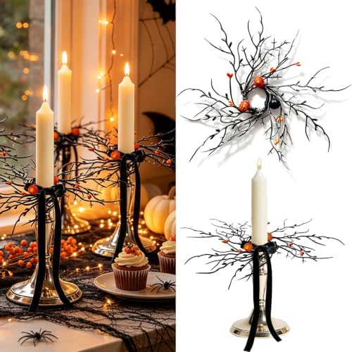 4 PCS Halloween Taper Candle Rings Wreaths 1.38" Mini Black Orange Berries & Pumpkin Taper Candle Holder Wreaths for Pillar Candle for Halloween Party Church Home Table Centerpiece Candlesticks Decor by Unknown