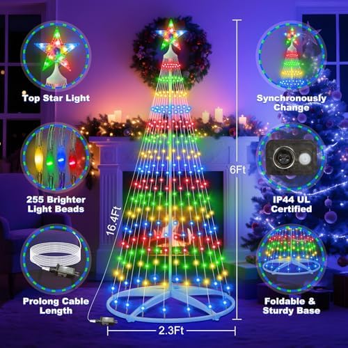 6ft Outdoor Christmas Cone Tree Lights with 252 LEDs & Star Topper, Remote Control, 11 Modes, Dimmable, IP65 Waterproof, Timer for Indoor Outside Yard Holiday Decoration - Image 2