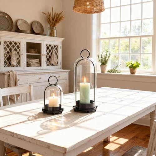 Hurricane Glass Candle Holders for Pillar Candles Set of 2 (5" & 4" Wide), Black Metal Candlestick Holders, Modern Decorative Centerpiece Lanterns for Table Mantel Wedding Housewarming Gift - Image 3