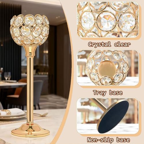 Candle Holder Candlestick Holders- 3Set Gold Crystal Pillar Candle Holders,Metal Candlestick Stands for Wedding Centerpieces,Table Decor for Church,Valentine's Day Housewarming Gift,9Pcs - Image 4