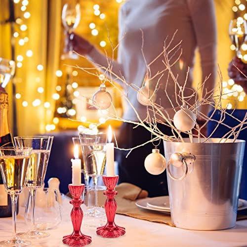 Glass Candle Holders, 2PCS Wide Base Candlestick Holder Decorative Candle Stand Table Centerpieces for Wedding Birthday Halloween Christmas Party, Red - Image 4