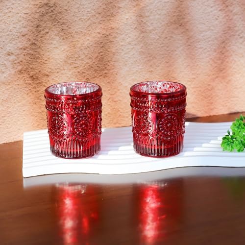 VOHO Red Mercury Glass Candle Holder Set of 12, Boho Sunflower Red Votives - Image 6