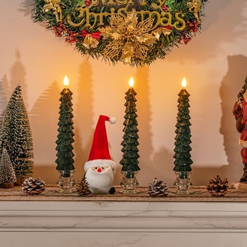 Homemory 3 Pcs Christmas Tree Candles with Remote, Waxy Flameless Taper Candles Flickering, Green LED Candlesticks Battery Operated for New Year Celebration Holiday Decorations 9.7 Inches - Image 4