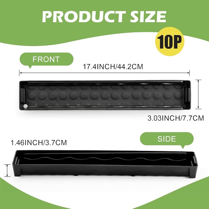 RooTrimmer 10 Pack Plastic Windowsill Saucer (17"x3"x1.5"), Rectangular Window Sill Plant Pot Trays with Removable Drainage Hole, Thick Plant Saucer Tray for 2.8 inch (7CM) Flower Nursery Pots (Black)