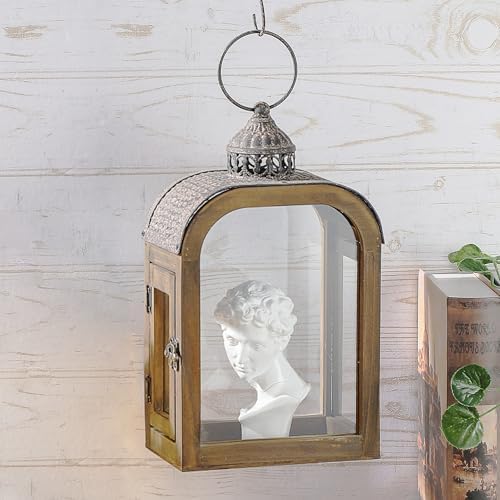 11" High Farmhouse Decorative Lantern, Glass and Metal, Distressed Brown Wood Finish, Rustic Brown Metal Top, Indoor Outdoor Candle Holders (Rustic Brown, 7"X4") - Image 5