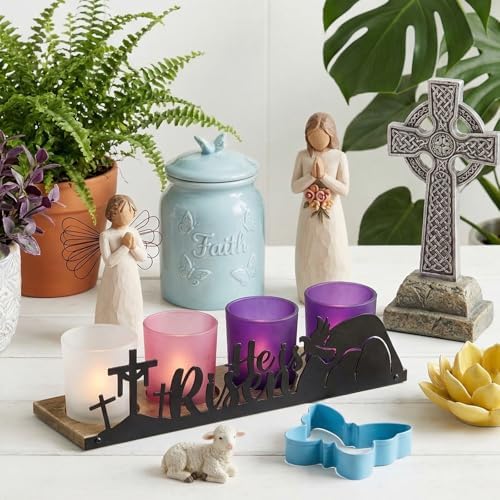 He is Risen Easter Decor, 4 Glass Votive Tealight Candle Holders & 1 Wooden Tray, Easter Religious Decor for Church Event Pray Table Centerpiece, Christian Gift - Image 5