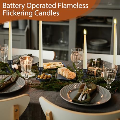 Rossesay 12 Pcs LED Taper Candles Holders, Black Holder & Ivory Candles - Image 5