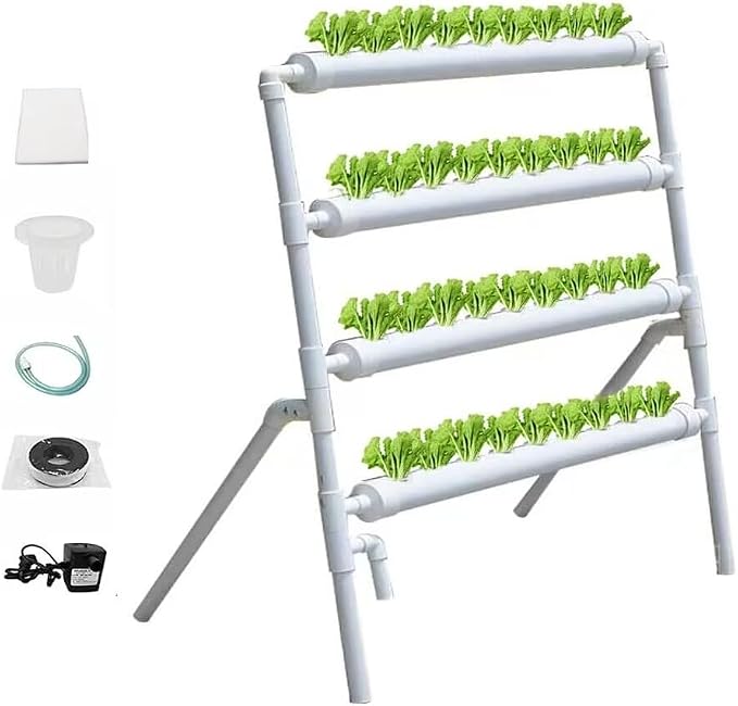 INTBUYING PVC Hydroponics Growing System, 36 Sites 4 Pipes Grow Kit for Leafy Vegetables, 4 Layers Vertical Hydroponic Kit with with 110V Pump, Inner Set Hose, Basket, Planting Sponges